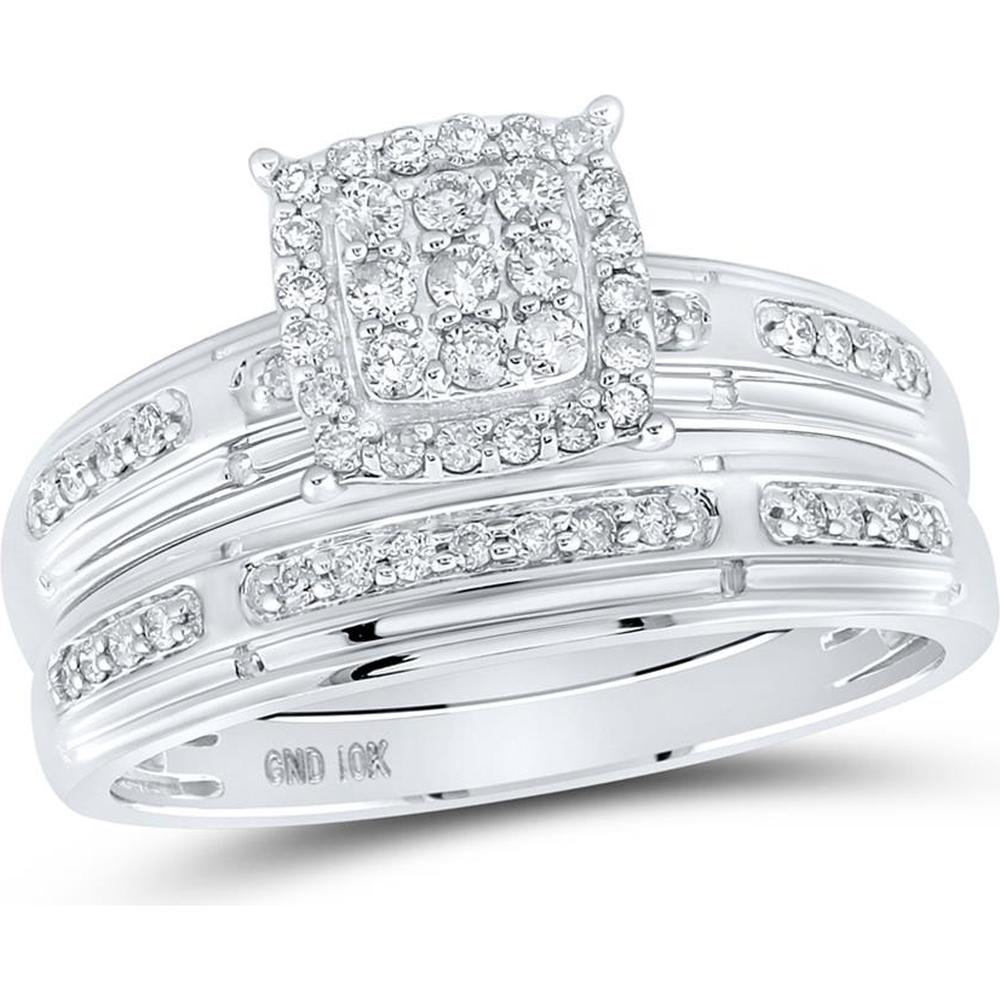 10K White Gold Round Diamond Cluster Matching Wedding Ring Set - 1/2 Carat Total Diamond Weight