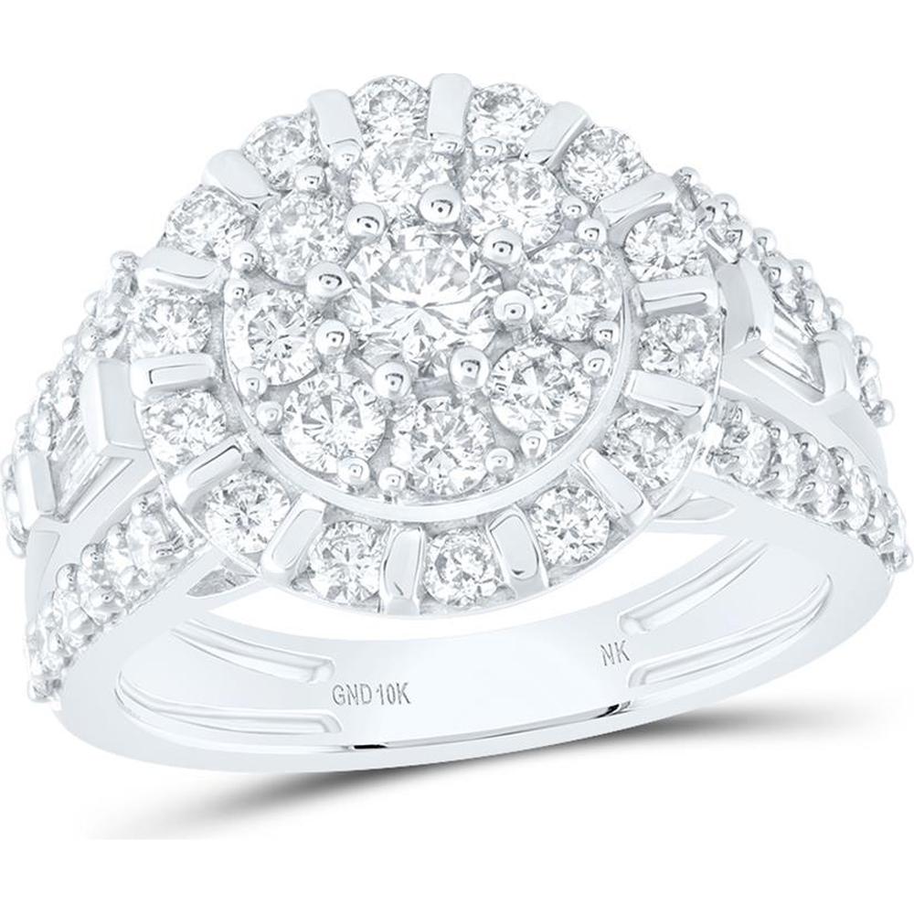 10K White Gold Round Diamond Cluster Ring with Baguette Accents - 1.80 Carat Total Diamond Weight