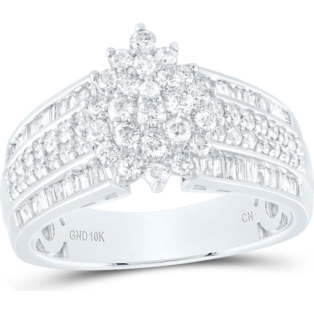 10K White Gold Round Diamond Cluster Ring with Baguette Diamonds - 1 Carat Total Diamond Weight