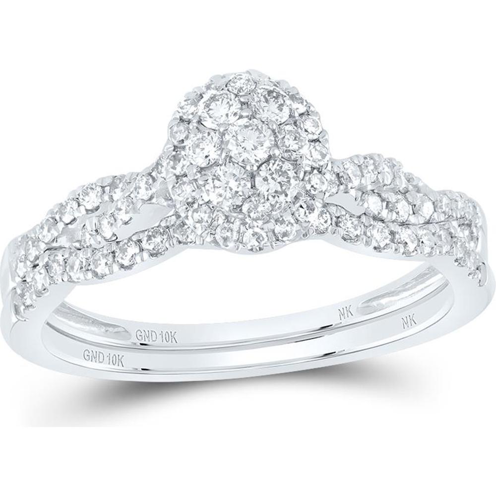 10K White Gold Round Diamond Cluster Twist Bridal Wedding Ring Set - 1/2 Carat Total Diamond Weight