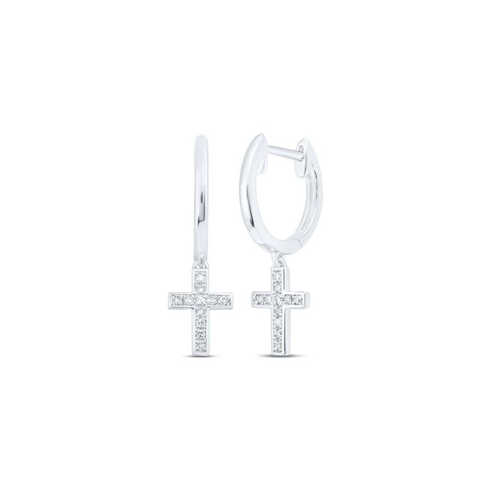 10K White Gold Round Diamond Cross Dangle Earrings - 1/20 Carat Total Diamond Weight