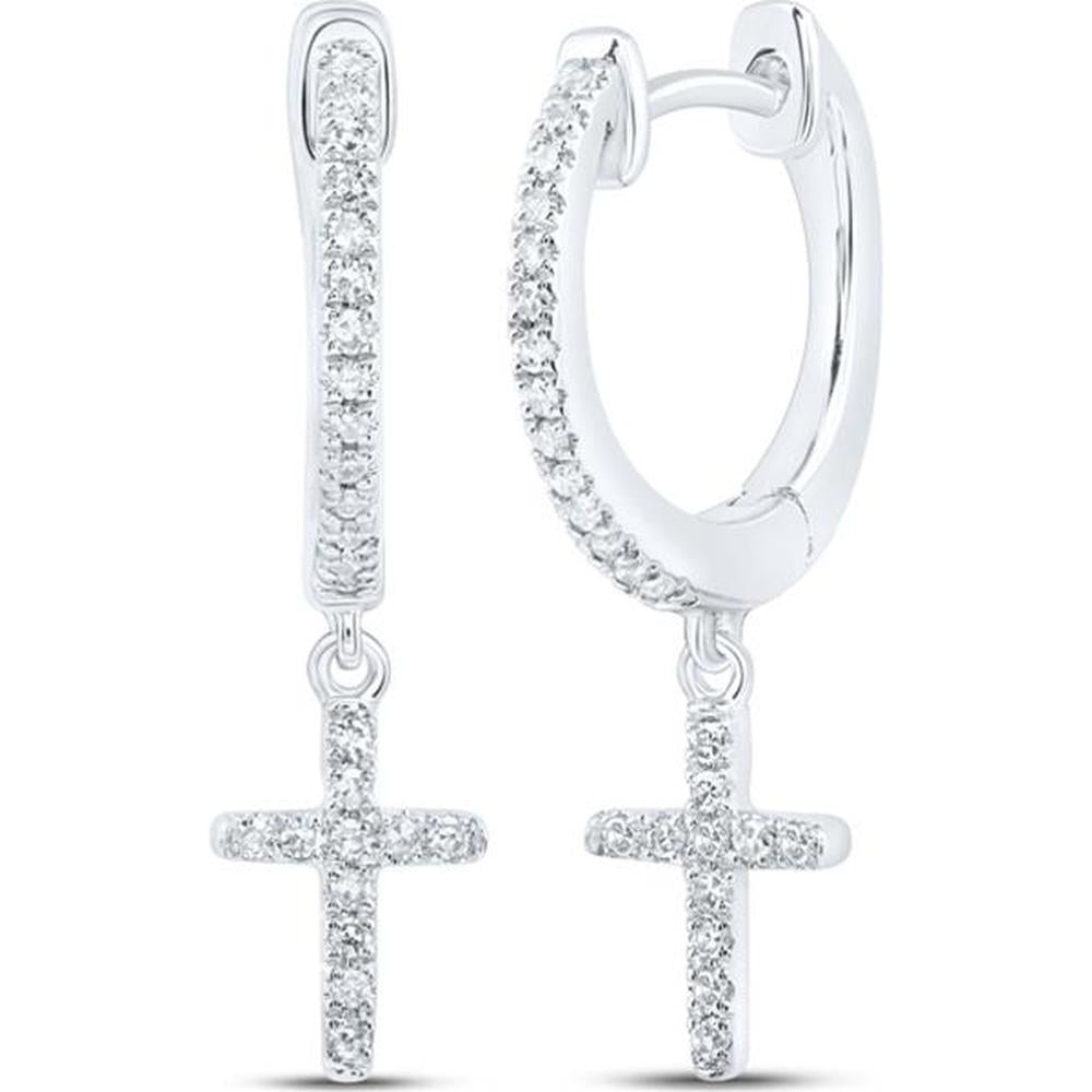 10K White Gold Round Diamond Cross Dangle Earrings - 1/6 Carat Total Diamond Weight