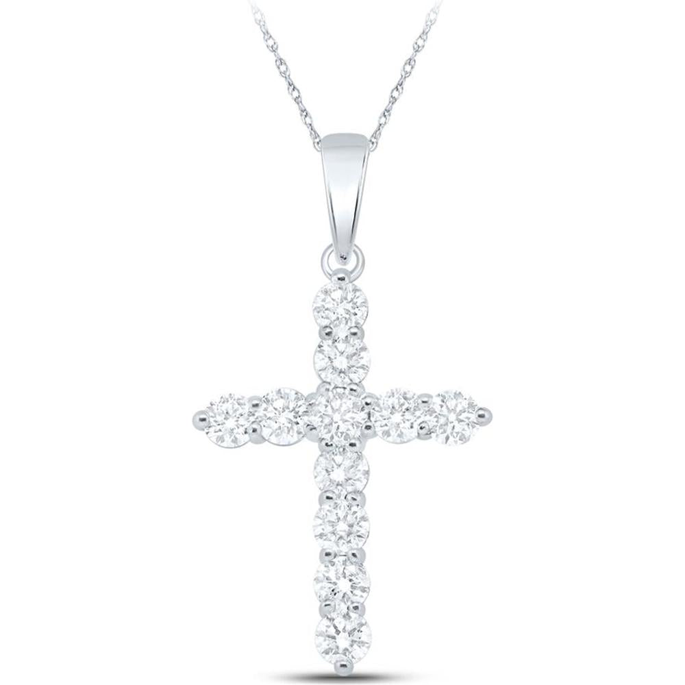 10K White Gold Round Diamond Cross Pendant - 1.5 Carat Total Diamond Weight