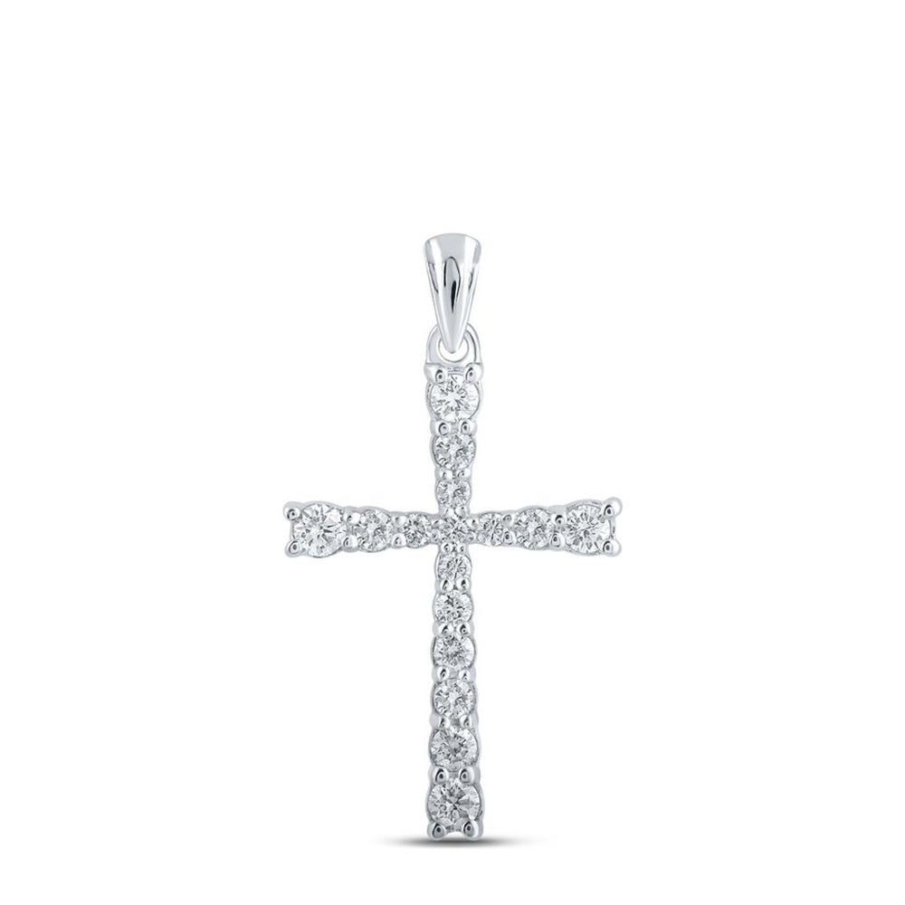 10K White Gold Round Diamond Cross Pendant - 3/8 Carat Total Diamond Weight