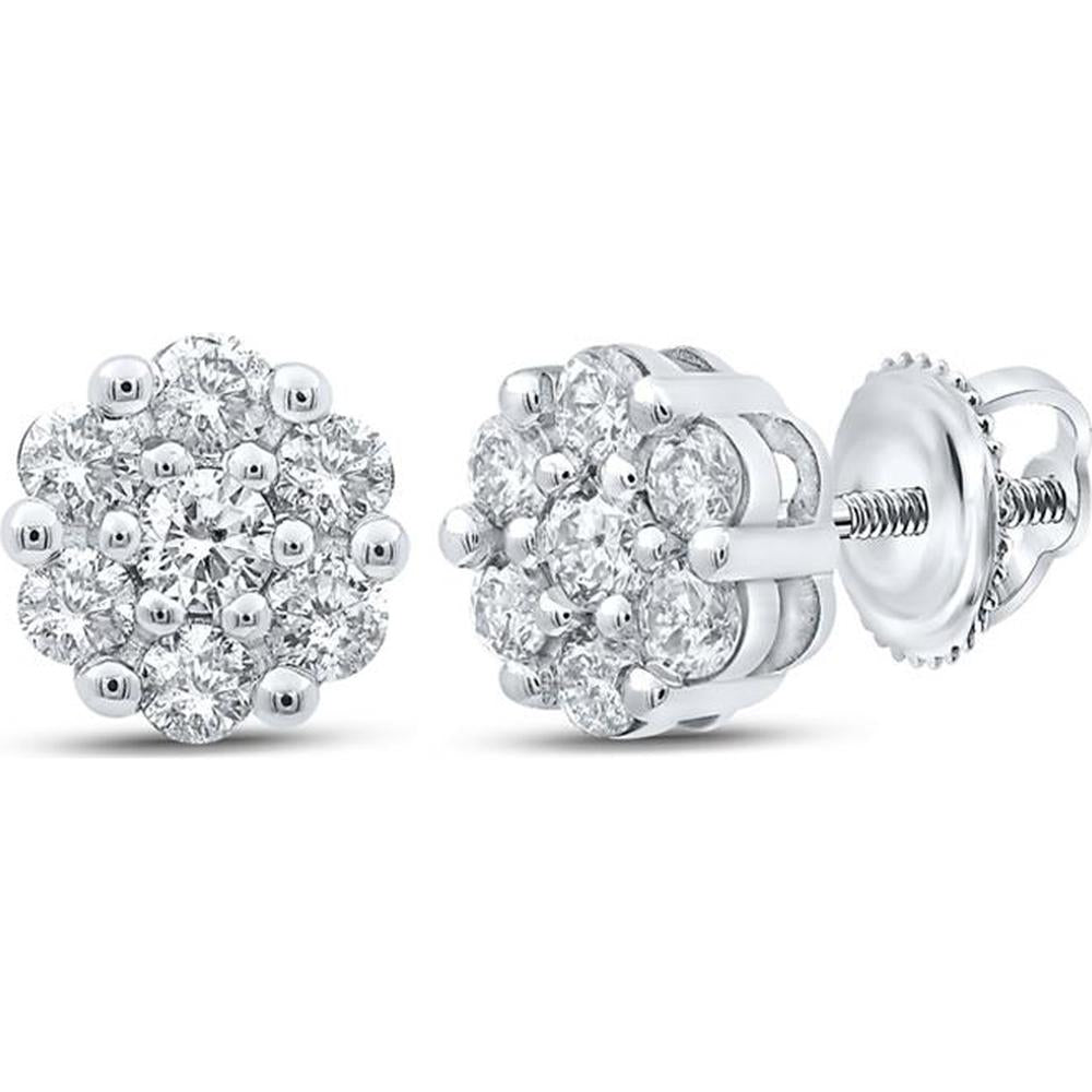 10K White Gold Round Diamond Flower Cluster Earrings - 1/2 Carat Total Diamond Weight