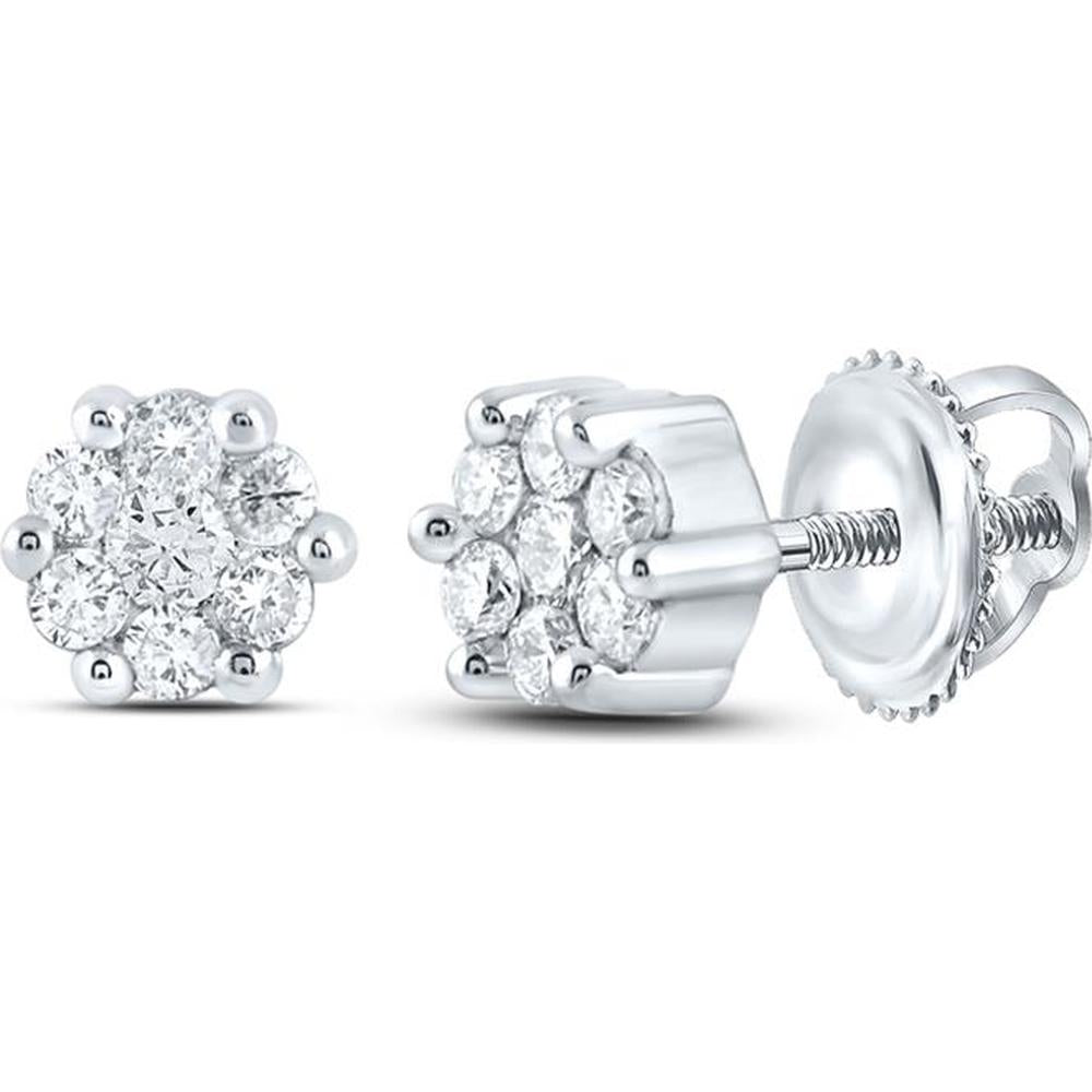 10K White Gold Round Diamond Flower Cluster Earrings - 1/6 Carat Total Diamond Weight