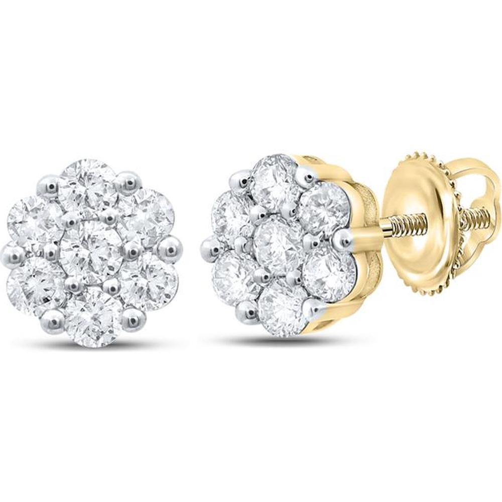 10K White Gold Round Diamond Flower Cluster Earrings - 1 Carat Total Diamond Weight