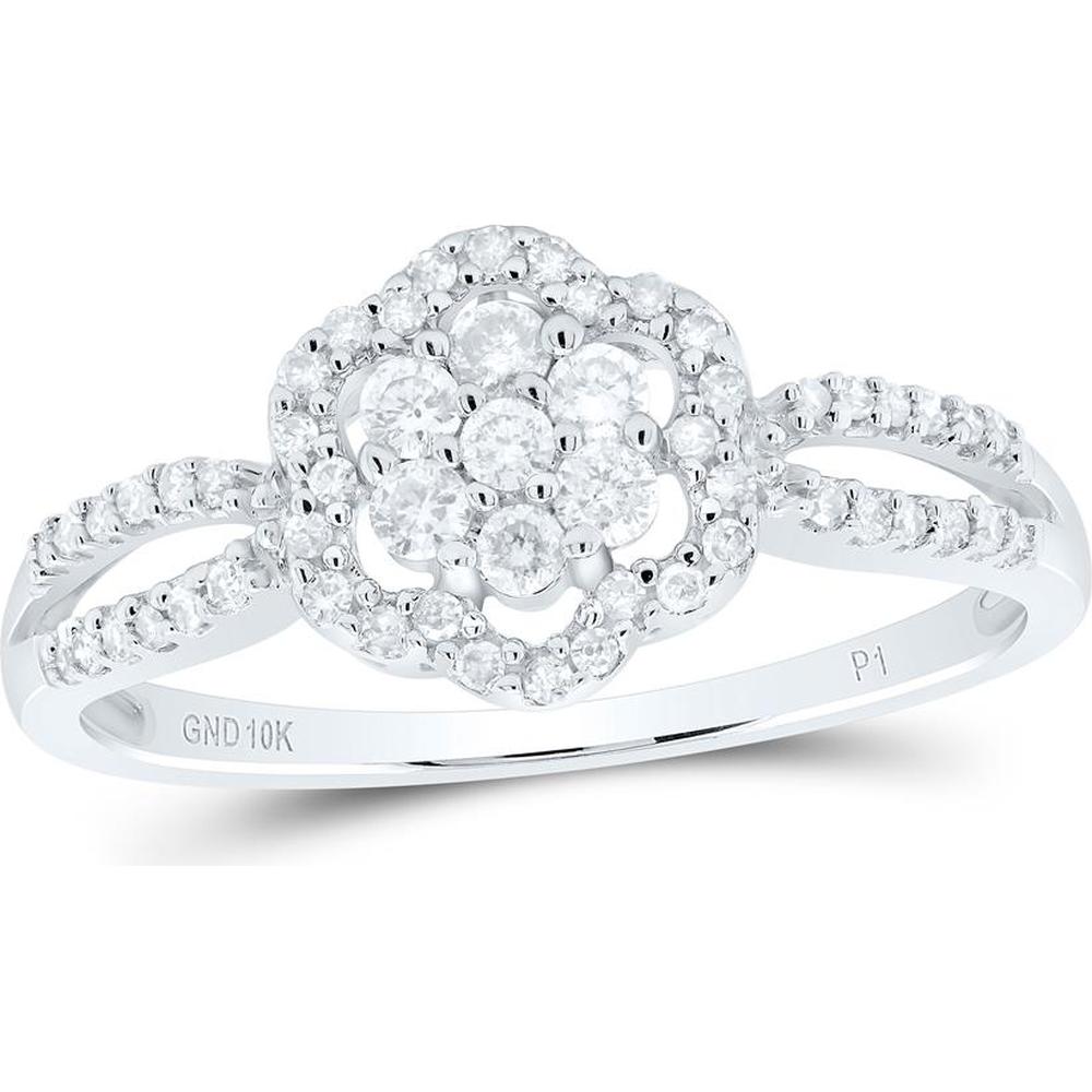 10K White Gold Round Diamond Flower Cluster Ring - 1/3 Carat Total Diamond Weight