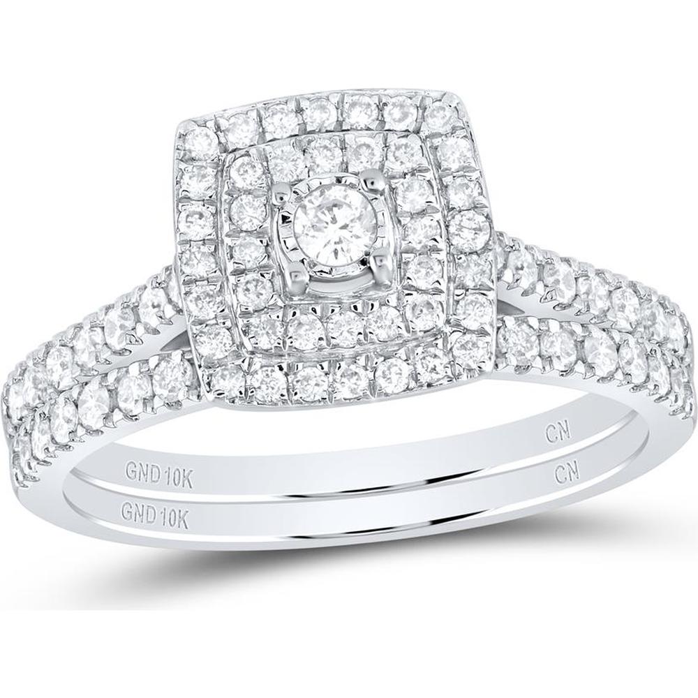 10K White Gold Round Diamond Halo Bridal Wedding Ring Set - 1/2 Carat Total Diamond Weight