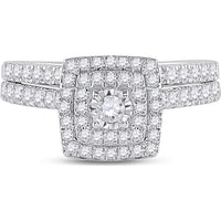 10K White Gold Round Diamond Halo Bridal Wedding Ring Set - 1/2 Carat Total Diamond Weight
