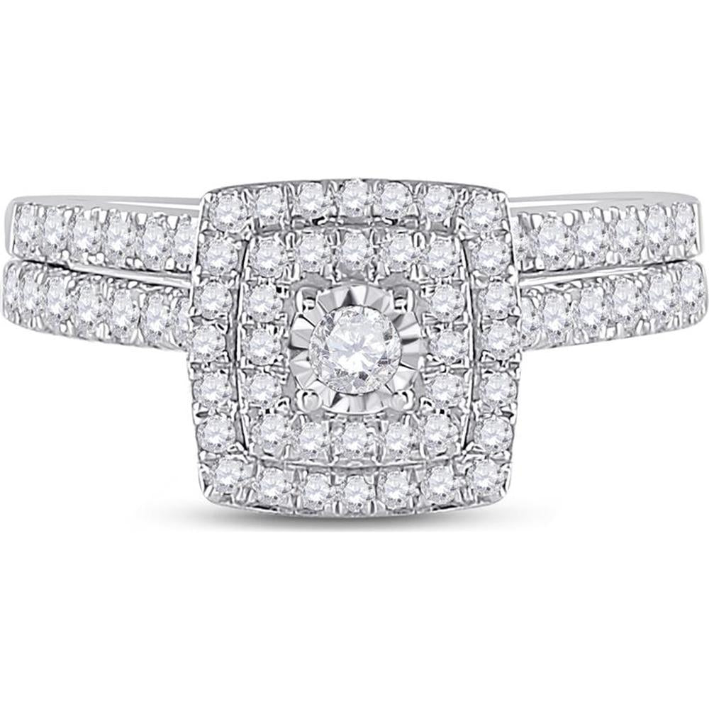 10K White Gold Round Diamond Halo Bridal Wedding Ring Set - 1/2 Carat Total Diamond Weight
