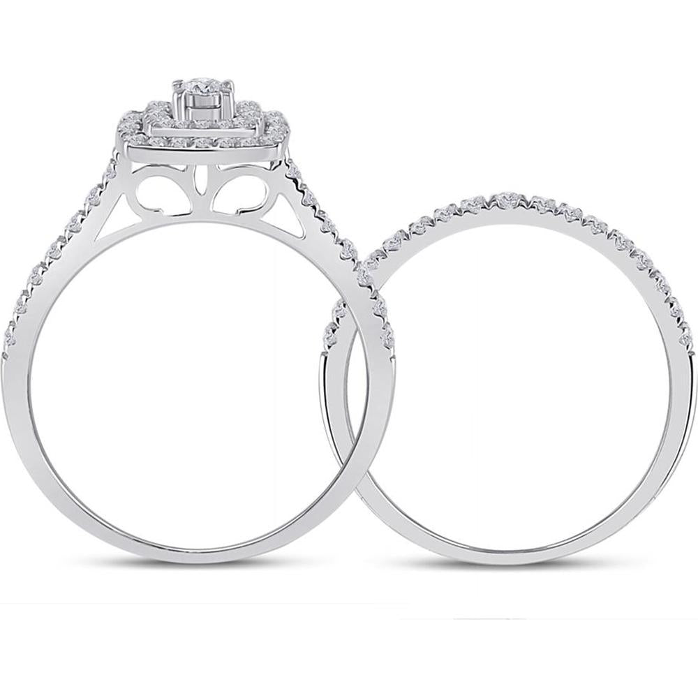 10K White Gold Round Diamond Halo Bridal Wedding Ring Set - 1/2 Carat Total Diamond Weight