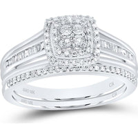 10K White Gold Round Diamond Halo Bridal Wedding Ring Set with Baguette Diamonds - 1/4 Carat Total Diamond Weight