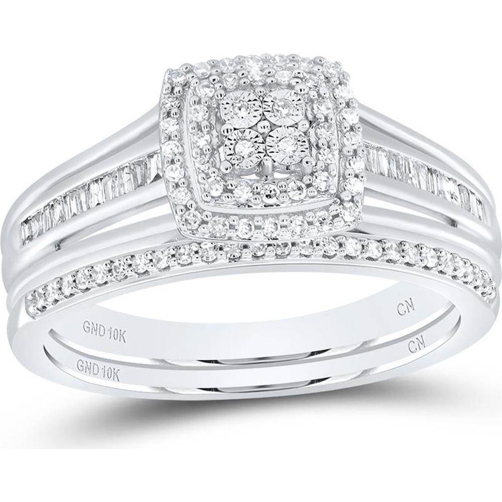10K White Gold Round Diamond Halo Bridal Wedding Ring Set with Baguette Diamonds - 1/4 Carat Total Diamond Weight