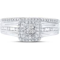 10K White Gold Round Diamond Halo Bridal Wedding Ring Set with Baguette Diamonds - 1/4 Carat Total Diamond Weight