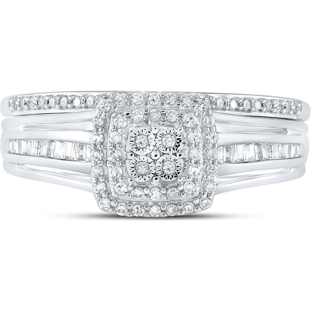 10K White Gold Round Diamond Halo Bridal Wedding Ring Set with Baguette Diamonds - 1/4 Carat Total Diamond Weight
