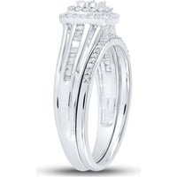 10K White Gold Round Diamond Halo Bridal Wedding Ring Set with Baguette Diamonds - 1/4 Carat Total Diamond Weight