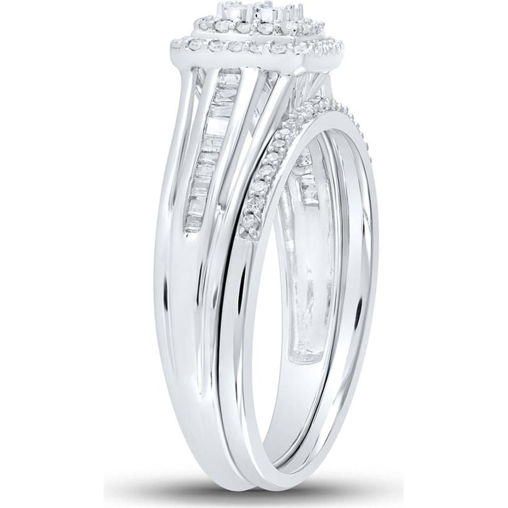 10K White Gold Round Diamond Halo Bridal Wedding Ring Set with Baguette Diamonds - 1/4 Carat Total Diamond Weight