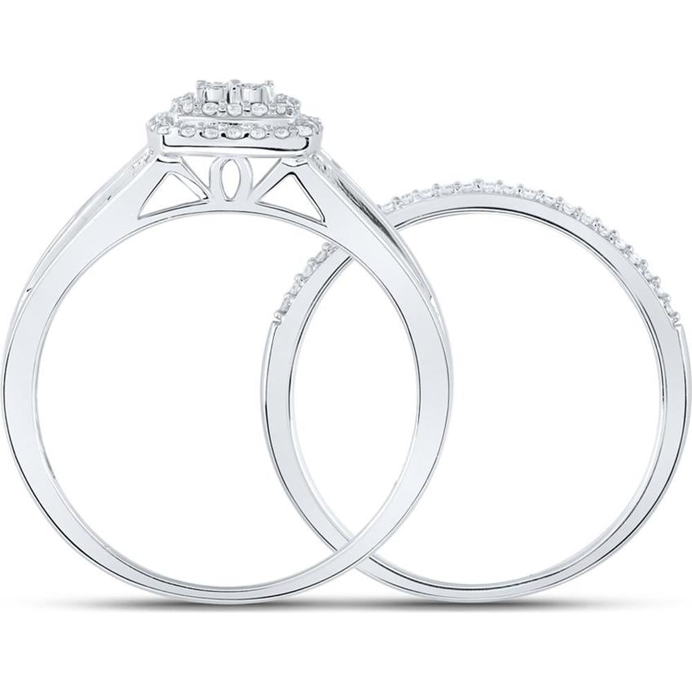 10K White Gold Round Diamond Halo Bridal Wedding Ring Set with Baguette Diamonds - 1/4 Carat Total Diamond Weight