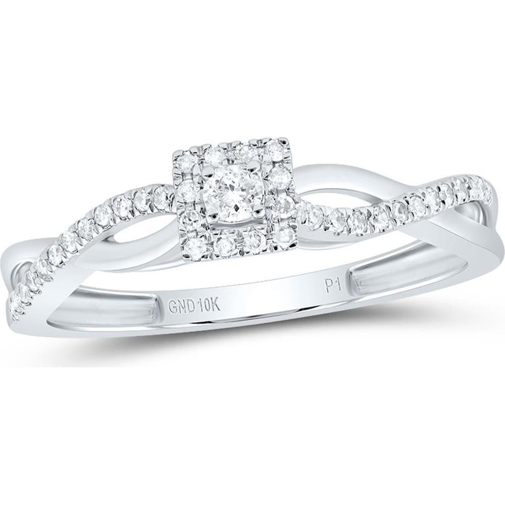 10K White Gold Round Diamond Halo Promise Ring with Twisted Shank - 1/5 Carat Total Diamond Weight