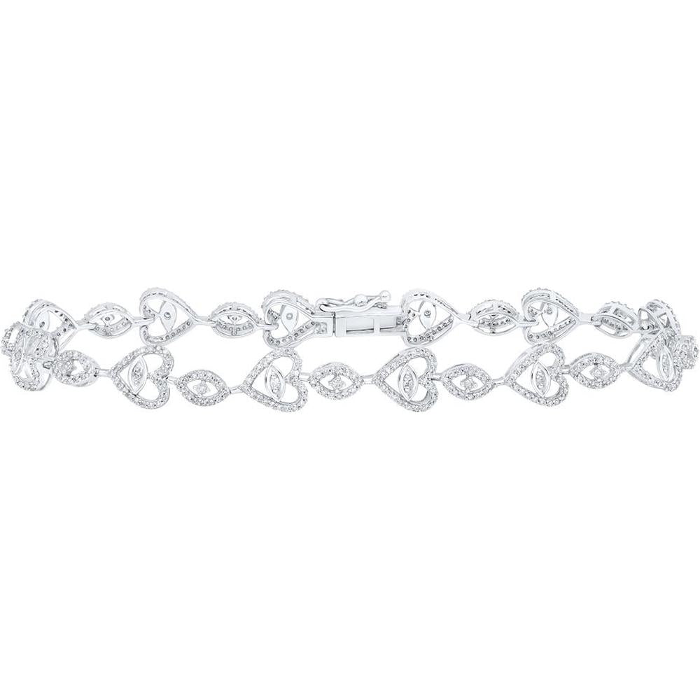 10K White Gold Round Diamond Heart Bracelet with 1 Carat Total Diamond Weight