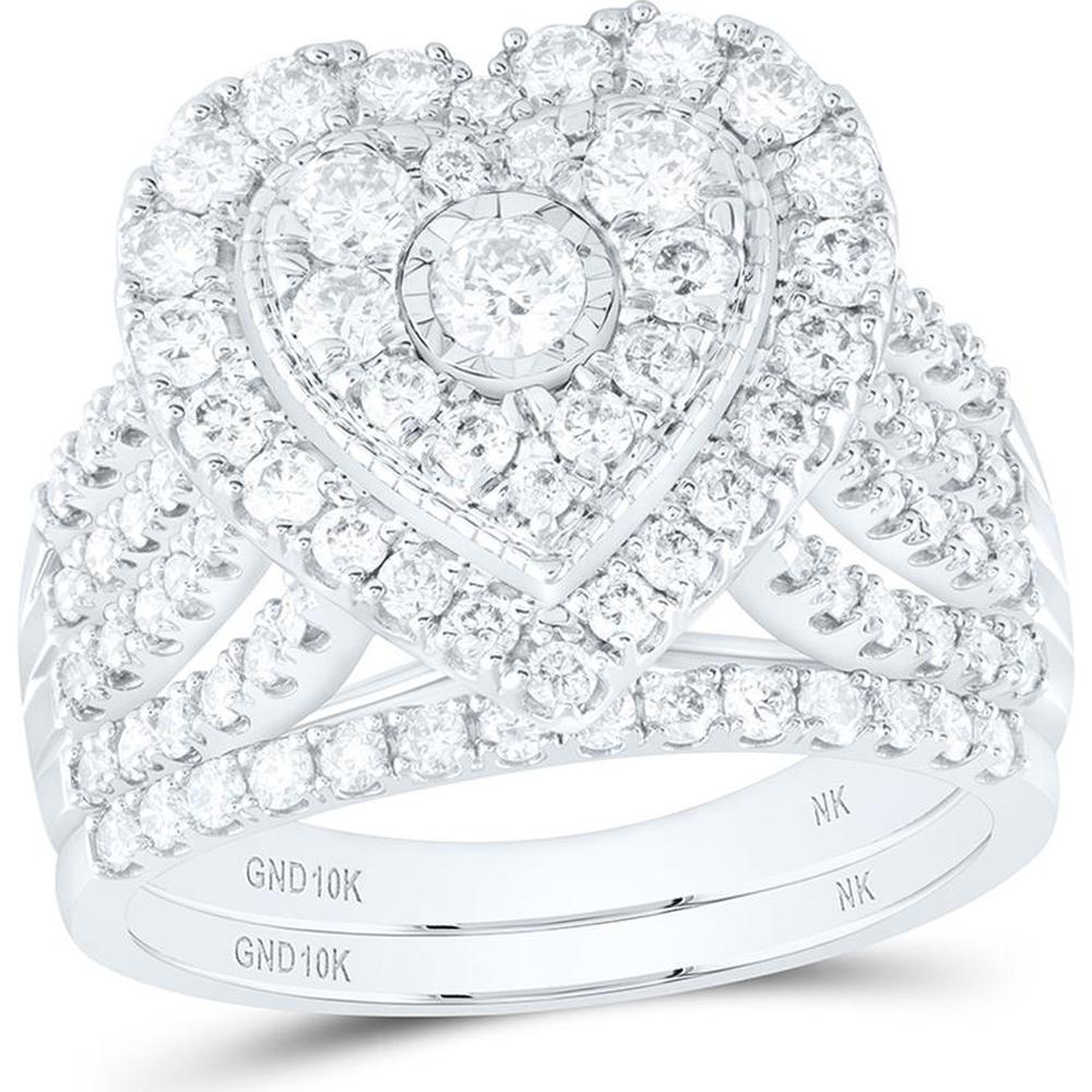 10K White Gold Round Diamond Heart Bridal Wedding Ring Set - 1.5 Carat Total Diamond Weight