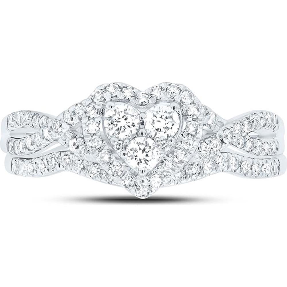 10K White Gold Round Diamond Heart Bridal Wedding Ring Set - 5/8 Carat Total Diamond Weight