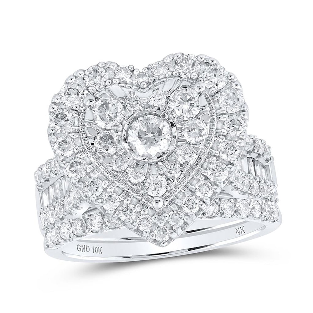 10K White Gold Round Diamond Heart Bridal Wedding Ring Set (Certified) - 2 Carat Total Diamond Weight