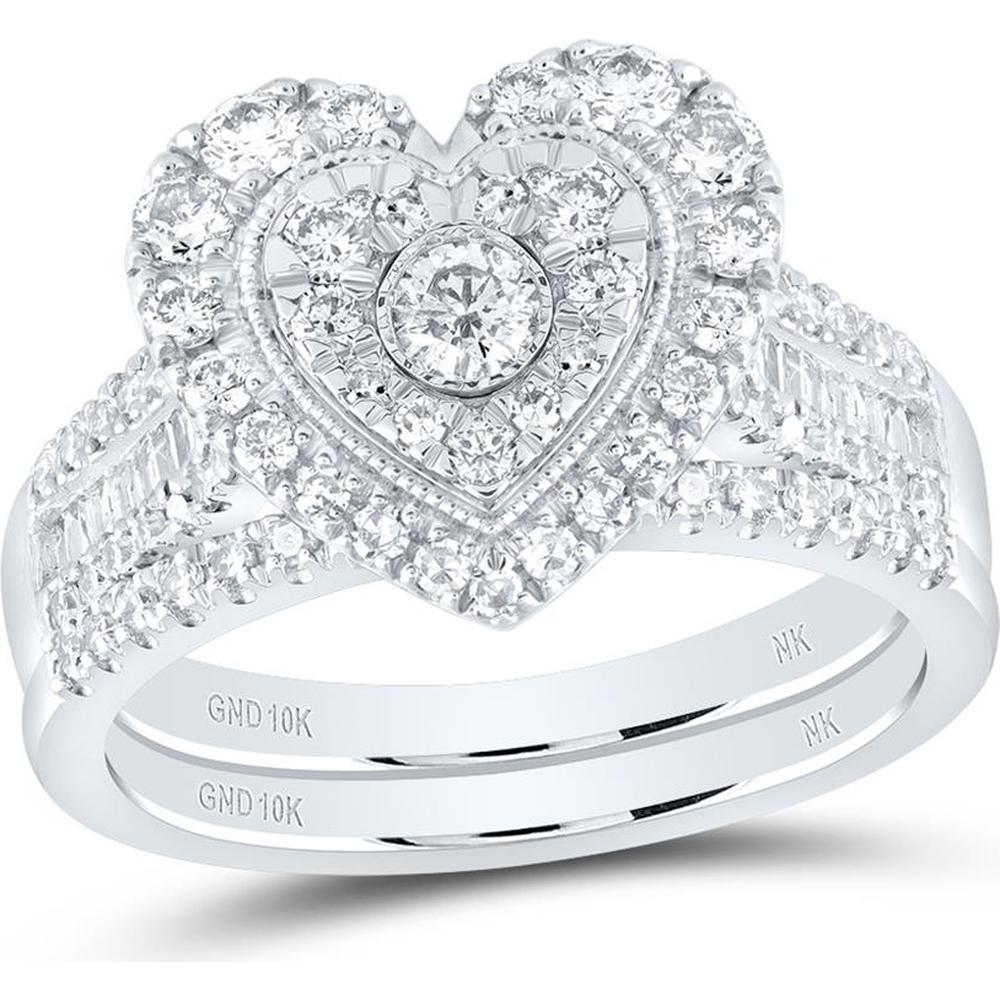 10K White Gold Round Diamond Heart Bridal Wedding Ring Set with Baguette and Round Diamonds - 7/8 Carat Total Diamond Weight