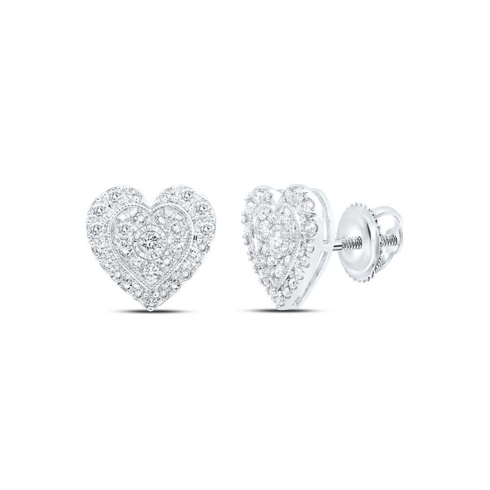 10K White Gold Round Diamond Heart Earrings - 1/2 Carat Total Diamond Weight