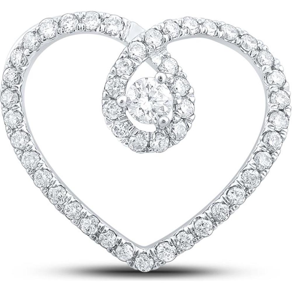 10K White Gold Round Diamond Heart Pendant - 1/3 Carat Total Diamond Weight