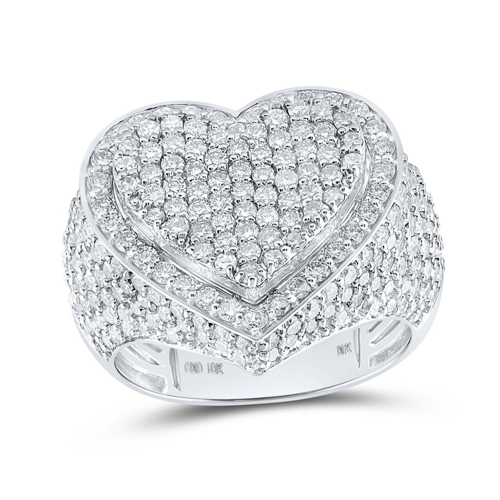 10K White Gold Round Diamond Heart Ring - 3 Carat Total Diamond Weight