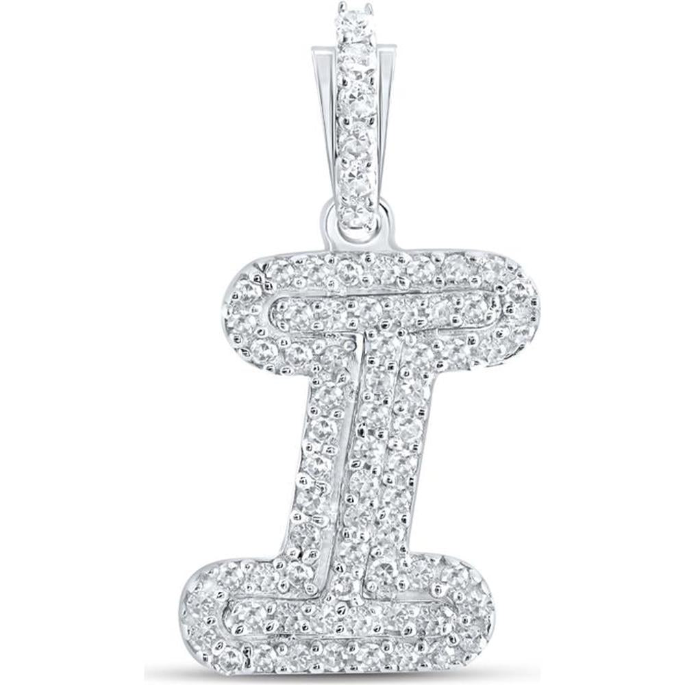 10K White Gold Round Diamond "I" Initial Pendant - 0.17 Carat Total Diamond Weight