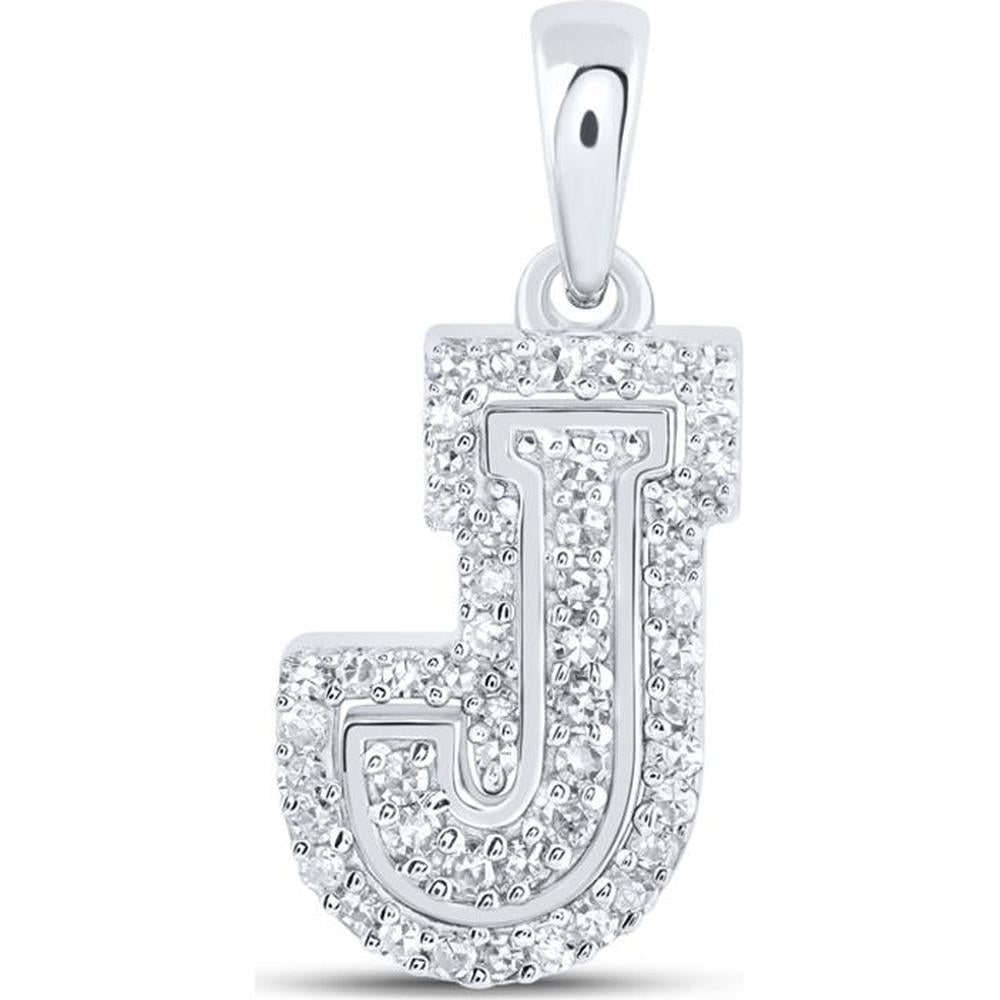 10K White Gold Round Diamond "J" Initial Pendant - 1/6 Carat Total Diamond Weight