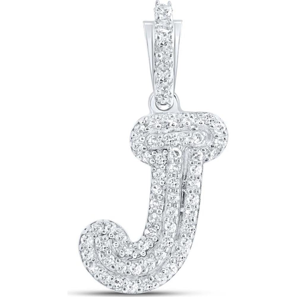 10K White Gold Round Diamond "J" Initial Pendant - 1/6 Carat Total Diamond Weight