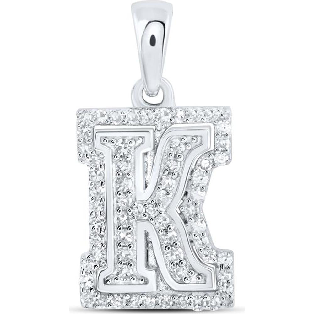 10K White Gold Round Diamond K Initial Letter Pendant - 1/5 Carat Total Diamond Weight