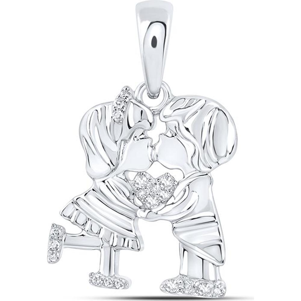 10K White Gold Round Diamond Kiss Couple Heart Pendant - 1/20 Carat Total Diamond Weight