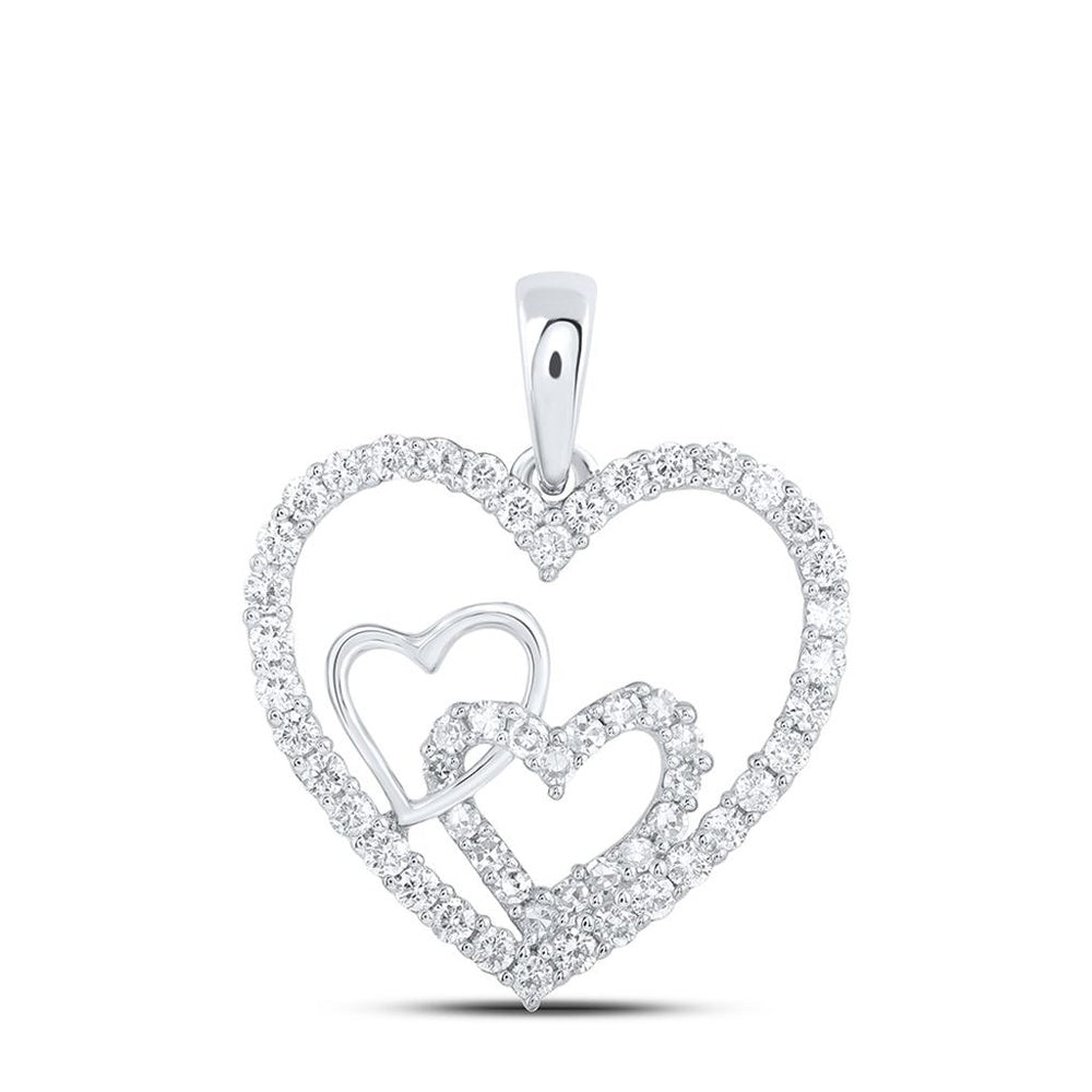 10K White Gold Round Diamond Nested Heart Pendant - 3/8 Carat Total Diamond Weight