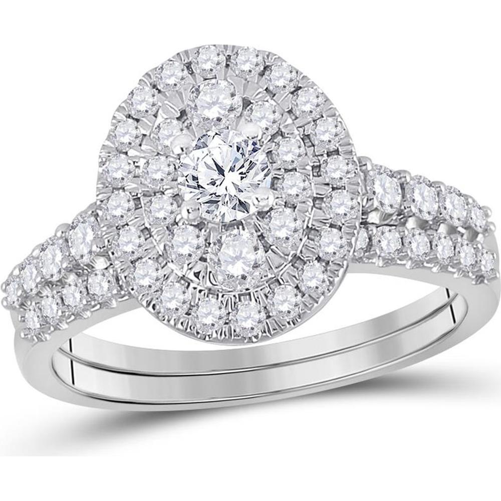 10K White Gold Round Diamond Oval Halo Bridal Wedding Ring Set - 1 Carat Total Diamond Weight
