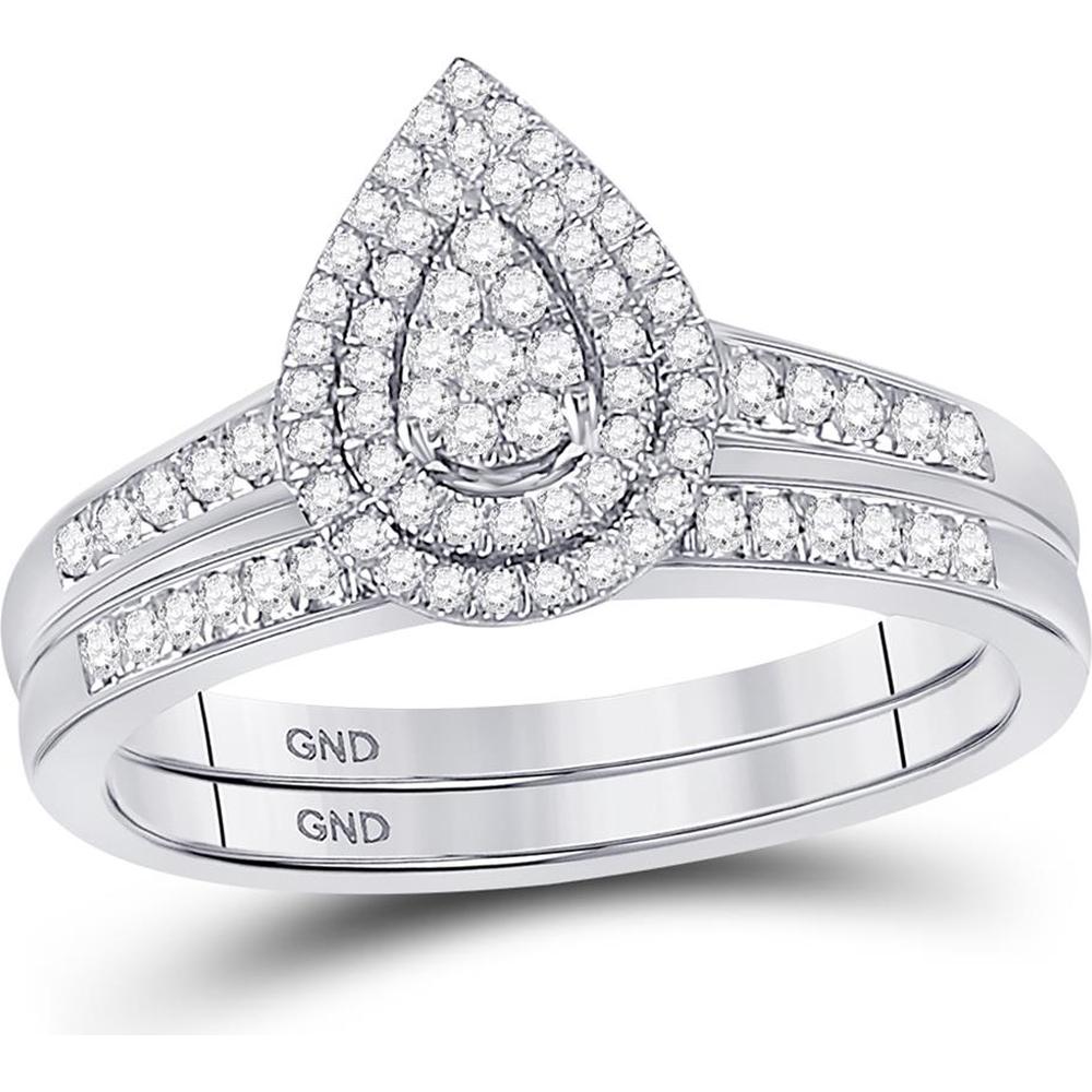 10K White Gold Round Diamond Pear-Shape Bridal Wedding Ring Set with Round Diamond Halo - 1/3 Carat Total Diamond Weight
