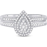 10K White Gold Round Diamond Pear-Shape Bridal Wedding Ring Set with Round Diamond Halo - 1/3 Carat Total Diamond Weight