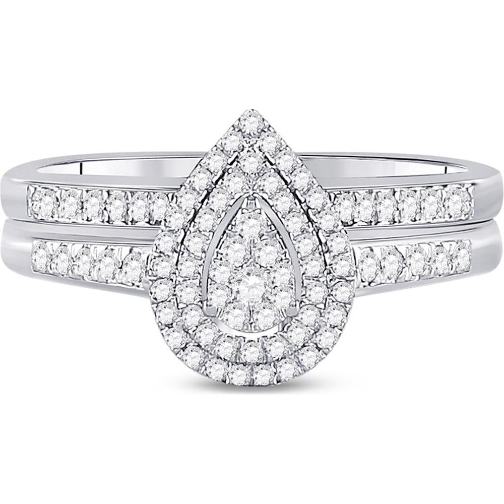 10K White Gold Round Diamond Pear-Shape Bridal Wedding Ring Set with Round Diamond Halo - 1/3 Carat Total Diamond Weight