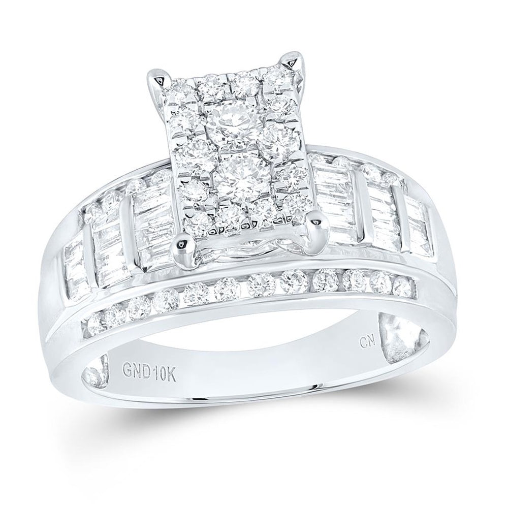 10K White Gold Round Diamond Rectangle Cluster Bridal Engagement Ring - 7/8 Carat Total Diamond Weight