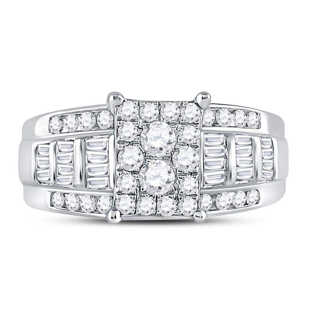 10K White Gold Round Diamond Rectangle Cluster Bridal Engagement Ring - 7/8 Carat Total Diamond Weight