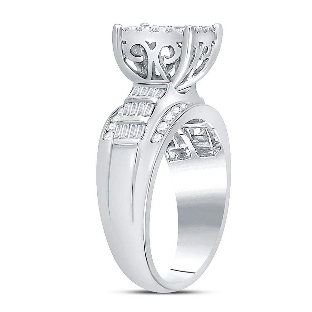 10K White Gold Round Diamond Rectangle Cluster Bridal Engagement Ring - 7/8 Carat Total Diamond Weight