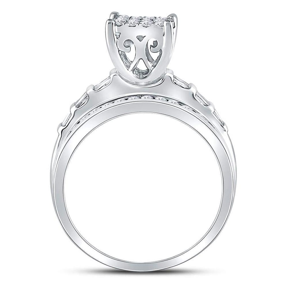 10K White Gold Round Diamond Rectangle Cluster Bridal Engagement Ring - 7/8 Carat Total Diamond Weight