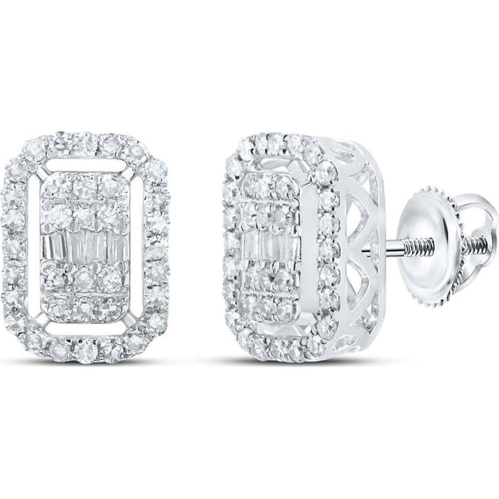 10K White Gold Round Diamond Rectangle Earrings with Baguette Diamonds - 1/2 Carat Total Diamond Weight