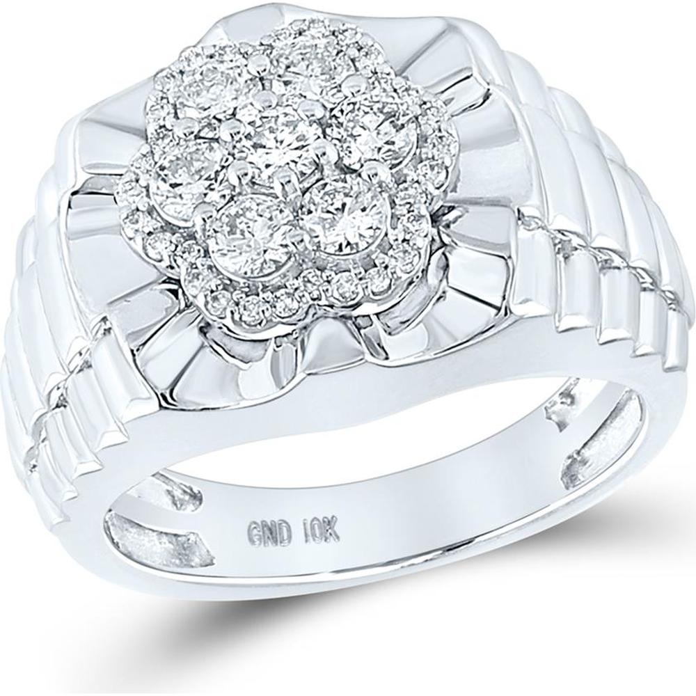 10K White Gold Round Diamond Scalloped Cluster Ring - 1 Carat Total Diamond Weight