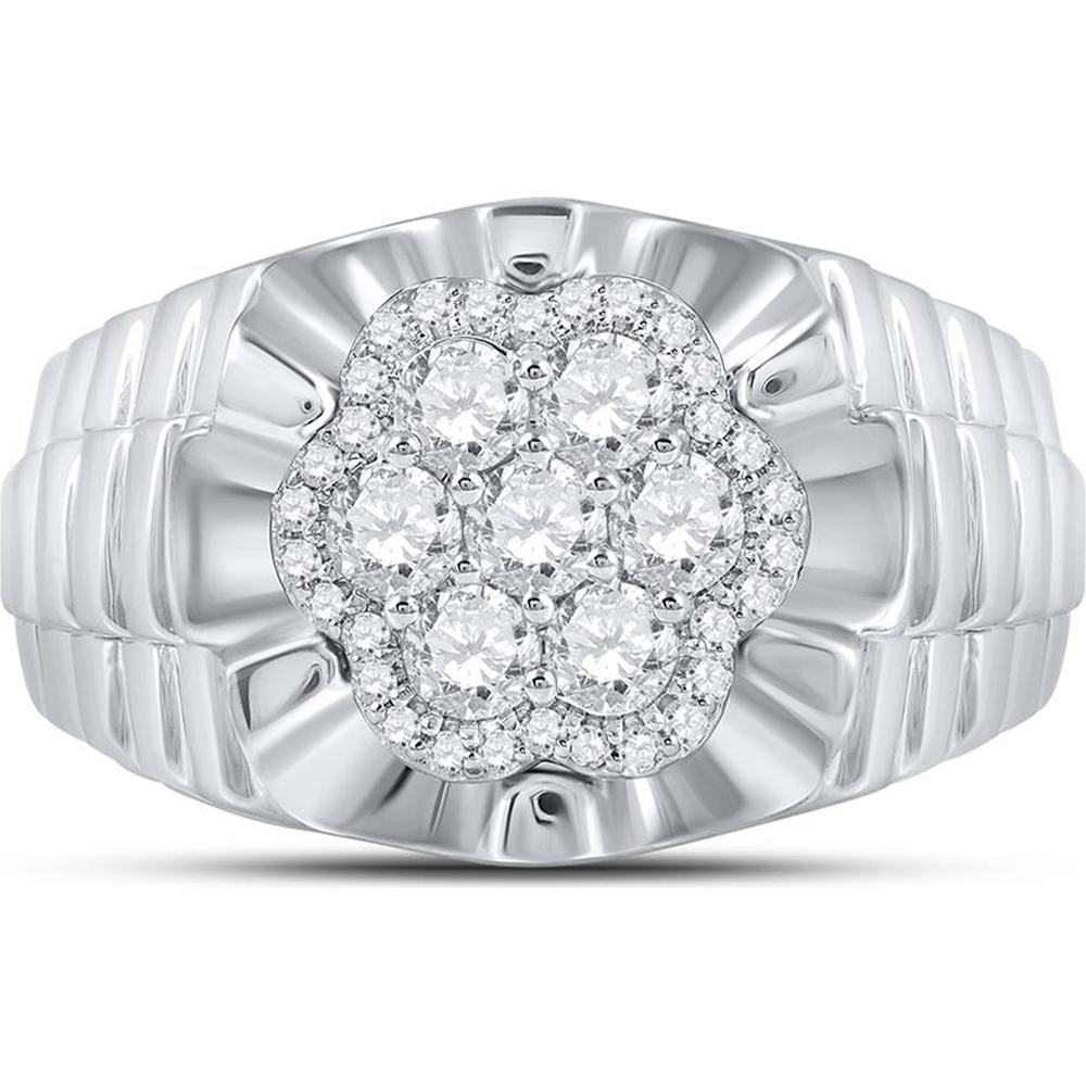 10K White Gold Round Diamond Scalloped Cluster Ring - 1 Carat Total Diamond Weight