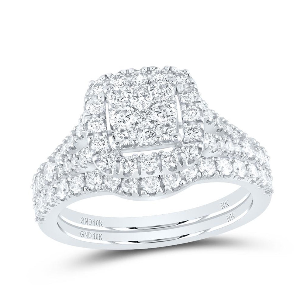 10K White Gold Round Diamond Square Bridal Wedding Ring Set 1 - 1 and 1/4 Carat Total Diamond Weight